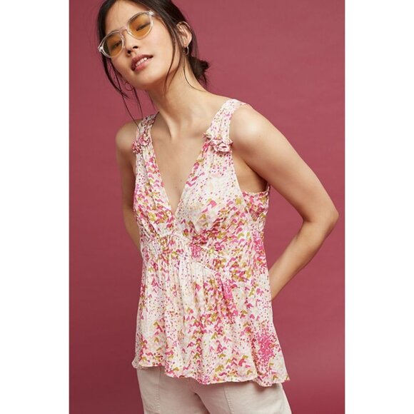 Anthropologie Maeve Small Pink V-Neck Bretta Gathered Back Sleeveless Ruffle Top - Picture 1 of 12